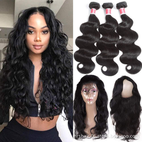 8A grade body wave unprocessed raw indian virgin hair bundles with lace frontals 360 lace closure